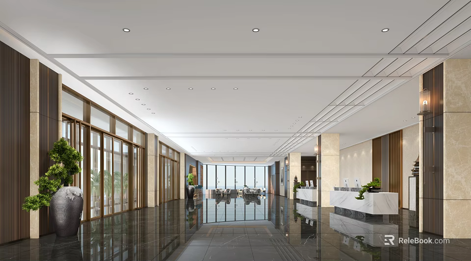 Spacious Modern Hotel Lobby Interior With Marble Flooring Green Plants And Reception Desk 3d model 