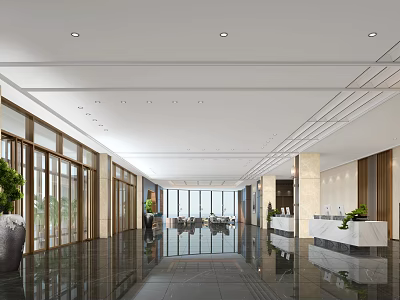 Spacious Modern Hotel Lobby Interior With Marble Flooring Green Plants And Reception Desk 3d model