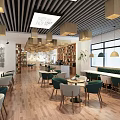Modern Café Interior With Wooden Ceiling Pendant Lights Green Plants And Cozy Tables