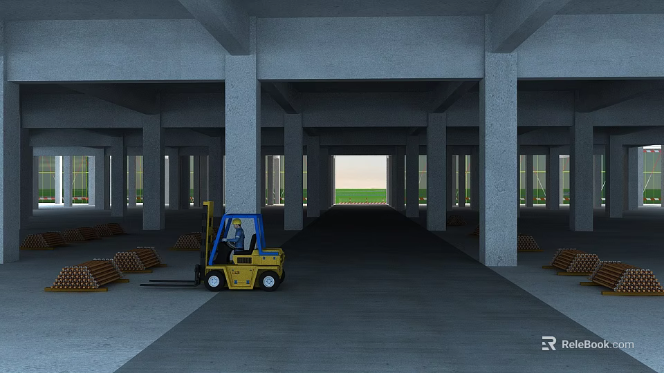 Spacious Construction Site Interior Featuring Concrete Columns Yellow Forklift And Wooden Pallets 3d model 