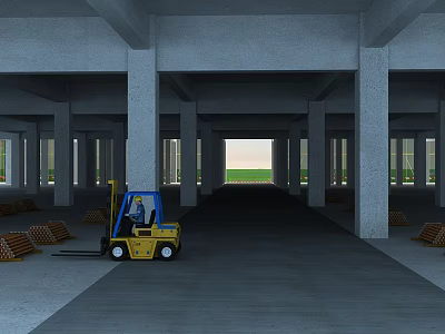 Spacious Construction Site Interior Featuring Concrete Columns Yellow Forklift And Wooden Pallets 3d model
