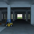 Spacious Construction Site Interior Featuring Concrete Columns Yellow Forklift And Wooden Pallets