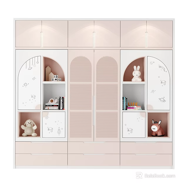 Cute Kids Wardrobe With Pink White Arched Doors Drawers Shelves And Stuffed Toys 3d model 