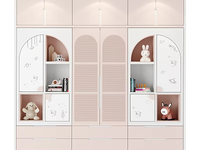 Cute Kids Wardrobe With Pink White Arched Doors Drawers Shelves And Stuffed Toys 3d model
