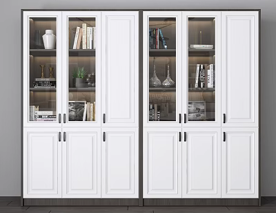 Modern White Bookcase With Glass and Solid Doors Featuring Books Decorative Vases and Plants 3d model