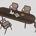 Modern Wooden Oval Dining Table With Six Woven Back Chairs And Gray Cushions