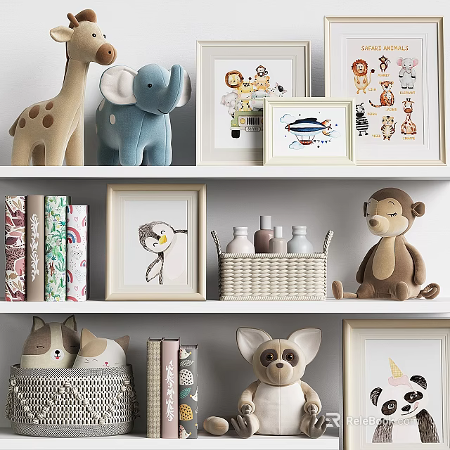Cute Decorative Ornament Set with Plush Animals Picture Frames Books Woven Basket on White Shelves 3d model 