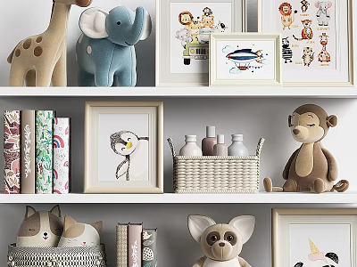 Cute Decorative Ornament Set with Plush Animals Picture Frames Books Woven Basket on White Shelves 3d model