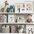 Cute Decorative Ornament Set with Plush Animals Picture Frames Books Woven Basket on White Shelves