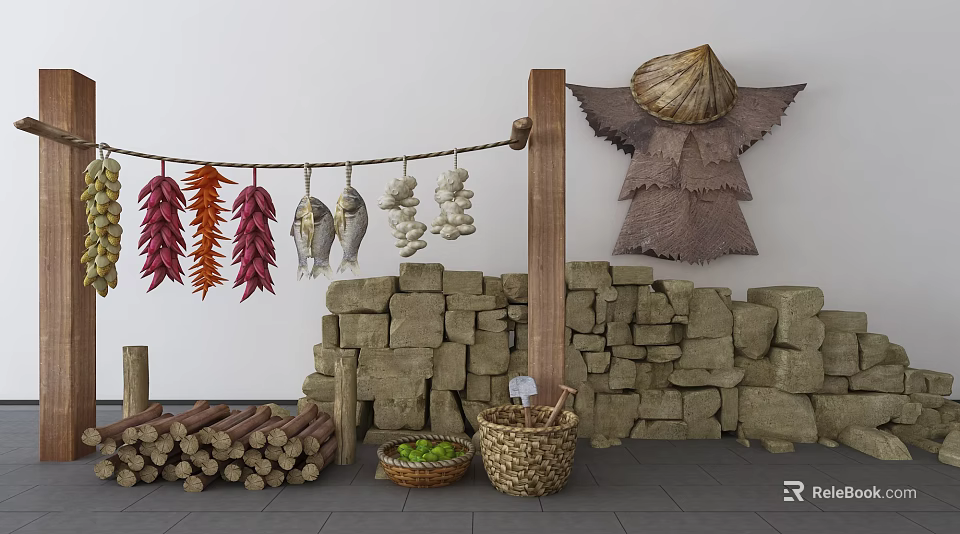 Rustic Garden Decor with Hanging Dried Produce Straw Figure Stone Wall and Firewood 3d model 