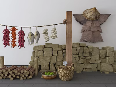 Rustic Garden Decor with Hanging Dried Produce Straw Figure Stone Wall and Firewood 3d model