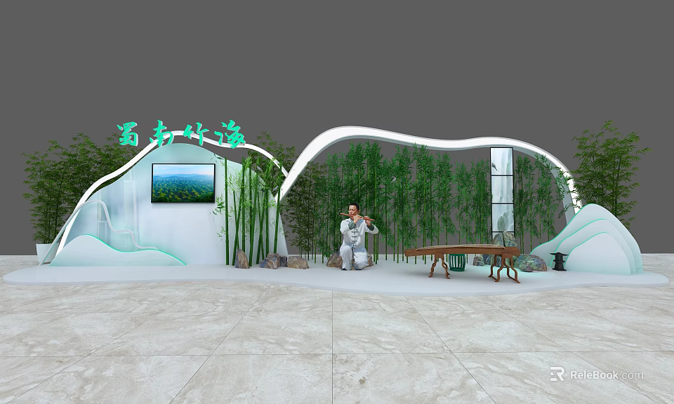 Southern Forest School Themed Space With Curved White Architecture Bamboo Grove Performer And Landscape Painting 3d model 
