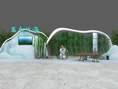 Southern Forest School Themed Space With Curved White Architecture Bamboo Grove Performer And Landscape Painting 3d model