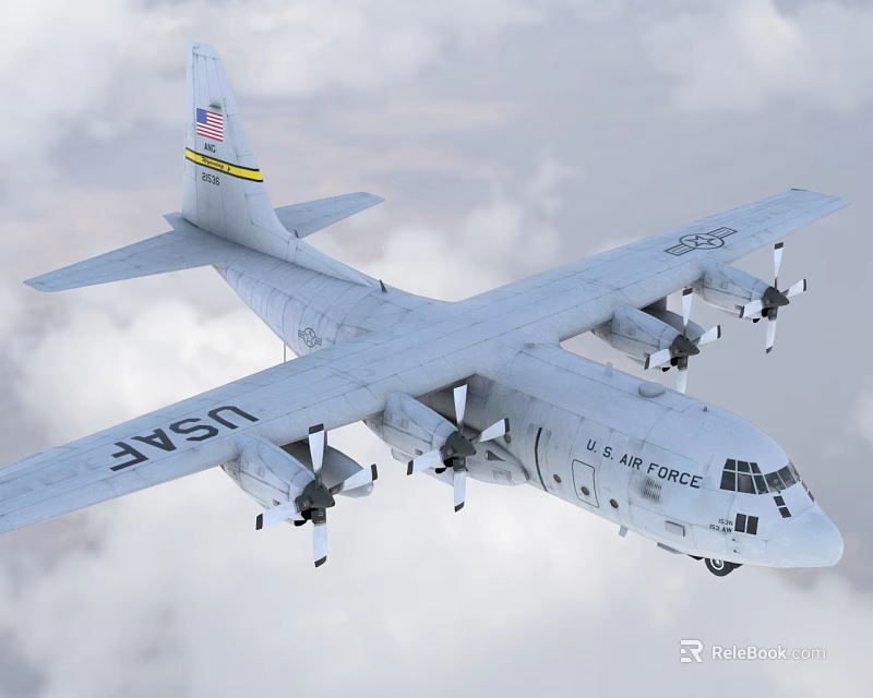 U.S. Air Force Fighter Jet Flying High in Clouds with Propeller Engines and Military Markings 3d model 