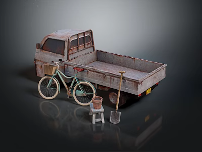 Old Rusty Truck With Bicycle Small Stool And Shovel In Studio Setting 3d model