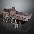 Old Rusty Truck With Bicycle Small Stool And Shovel In Studio Setting 3d model