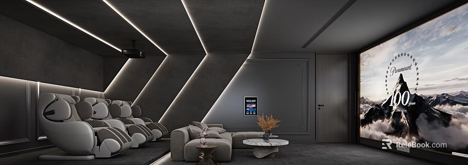 Modern Home Theater Interior In Gray Tones With Ambient Lighting Sofa And Coffee Table 3d model 