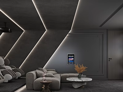 Modern Home Theater Interior In Gray Tones With Ambient Lighting Sofa And Coffee Table 3d model