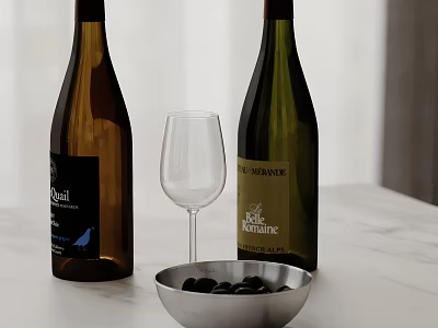 Kitchen Countertop With White Marble Wine Bottles Wine Glass Silver Bowl And Black Olives 3d model