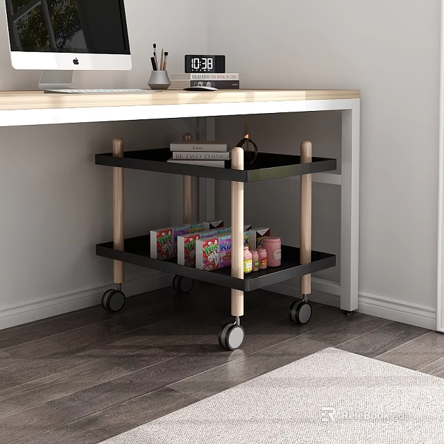 Modern Home Office Side Table With Wooden Frame Black Shelves And Rolling Wheels For Storage 3d model 