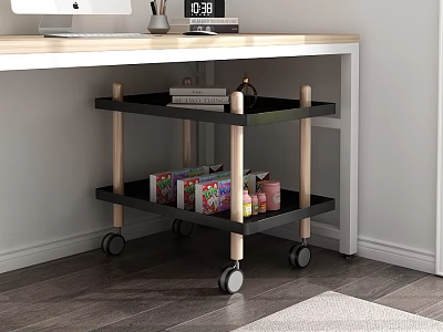 Modern Home Office Side Table With Wooden Frame Black Shelves And Rolling Wheels For Storage 3d model