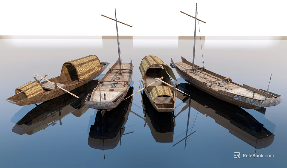 Traditional Wooden Boats With Classic Design Floating On Calm Water With Reflection 3d model 