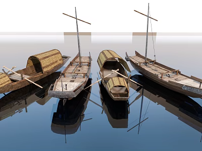 Traditional Wooden Boats With Classic Design Floating On Calm Water With Reflection 3d model