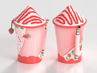 Strawberry Themed Dessert Cups With Pink Design Red Sauce Drizzle And Green Decorative Trim 3d model