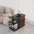 Modern Side Table With Glass Shelves And Wooden Frame Next To Beige Sofa