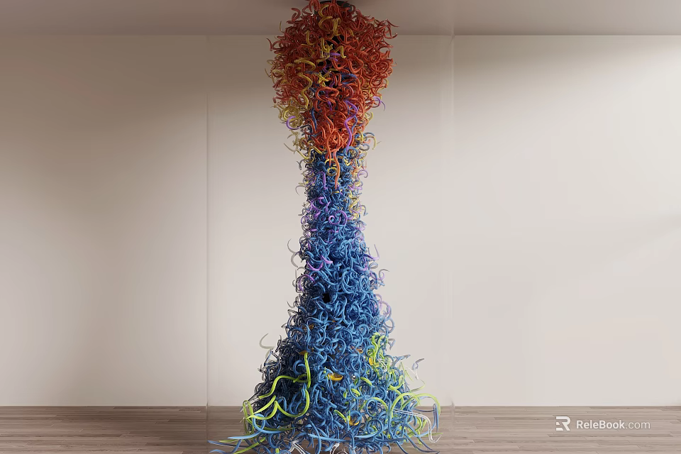 Artistic Sculptural Column Featuring Colorful Twisted Red Orange Blue Green Yellow Strips And White Wall 3d model 