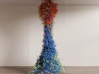 Artistic Sculptural Column Featuring Colorful Twisted Red Orange Blue Green Yellow Strips And White Wall 3d model