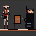Stylish Game Movie Character Standing By Table Chair And Vending Machine On Checkered Platform