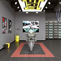 Automotive Service Shop Interior With White Red Sports Cars Display Shelves And Ceiling Lights