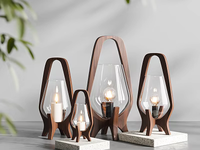 Modern Table Lamps With Wooden Frames Transparent Glass Shades And Stone Bases On Gray Background 3d model