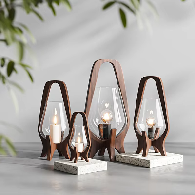 Modern Table Lamps With Wooden Frames Transparent Glass Shades And Stone Bases On Gray Background 3d model