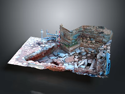 Ancient Building Ruins With Stone Wall Structure Excavation Rubble And Protective Rails 3d model