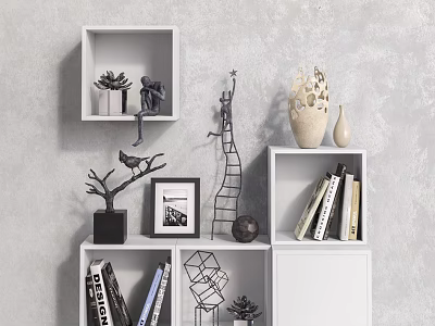 Modern Wall Cabinets Interior Featuring Bookshelves Decorative Ornaments Photo Frames And Sculptures 3d model
