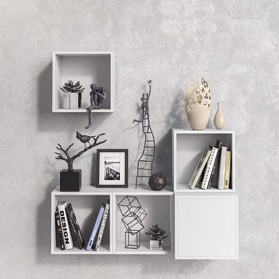 Modern Wall Cabinets Interior Featuring Bookshelves Decorative Ornaments Photo Frames And Sculptures 3d model