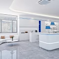 Modern Exhibition Hall Interior With White Round Counters Blue Accents And Gray Marble Flooring