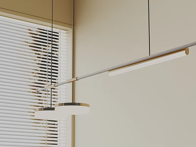Modern Metal Chandelier With Long Bar And Circular Shade In Interior With Window Blinds 3d model
