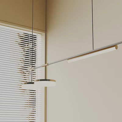 Modern Metal Chandelier With Long Bar And Circular Shade In Interior With Window Blinds 3d model