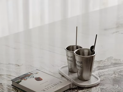 Elegant Decorative Ornament Set With Silver Cups Tray And Book On Tabletop 3d model