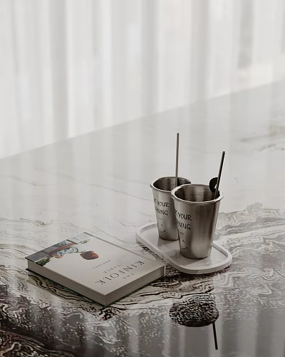 Elegant Decorative Ornament Set With Silver Cups Tray And Book On Tabletop 3d model