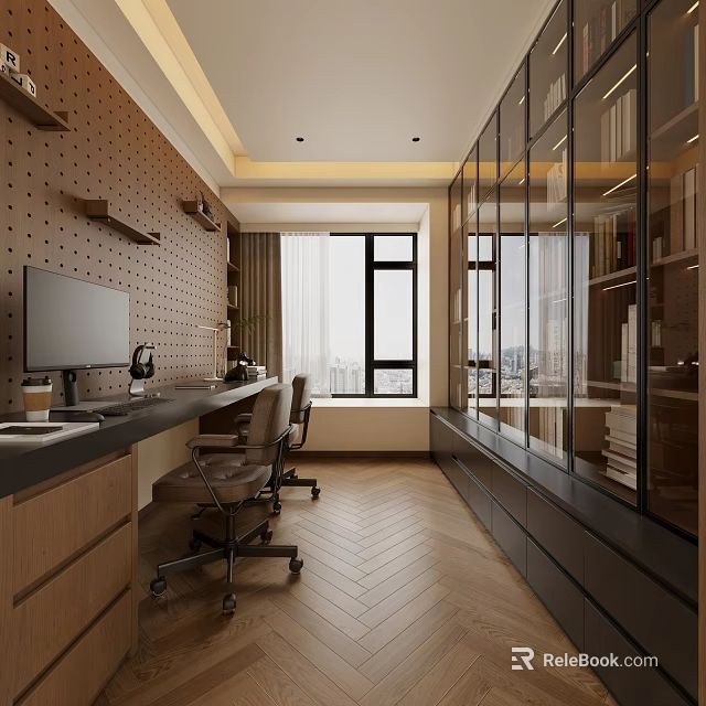 Modern Study Room Interior With Desk Monitor Chairs Glass Bookcases And Herringbone Wooden Floor 3d model 