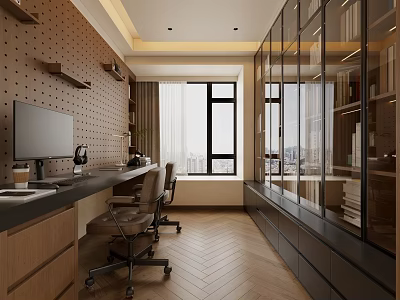 Modern Study Room Interior With Desk Monitor Chairs Glass Bookcases And Herringbone Wooden Floor 3d model