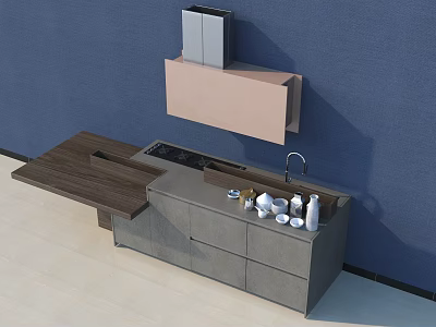 Modern Kitchen Cabinets With Gray Cabinetry Wooden Countertop Sink And Faucet 3d model