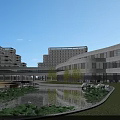 Modern Hospital Buildings Campus Layout With Green Spaces Parking Areas And Water Features
