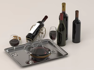 Wine Bottles And Glasses With Decanter On Metal Tray 3d model