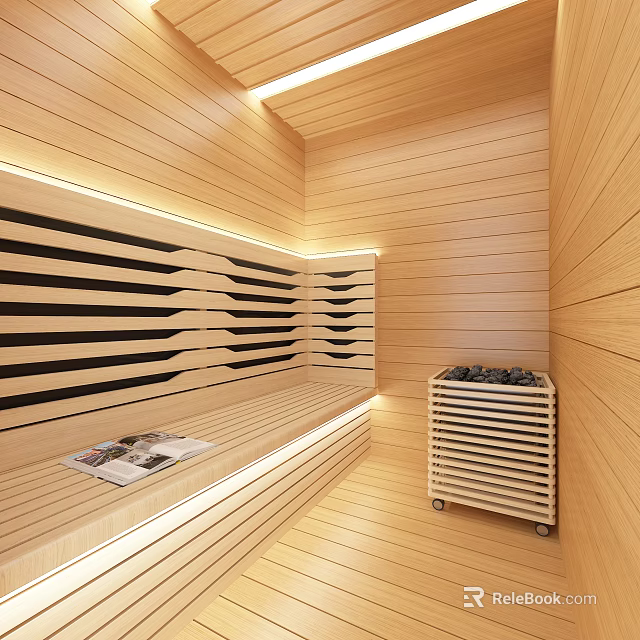 Modern Sauna Interior With Wooden Panel Walls Bench Lighting And Heater 3d model 