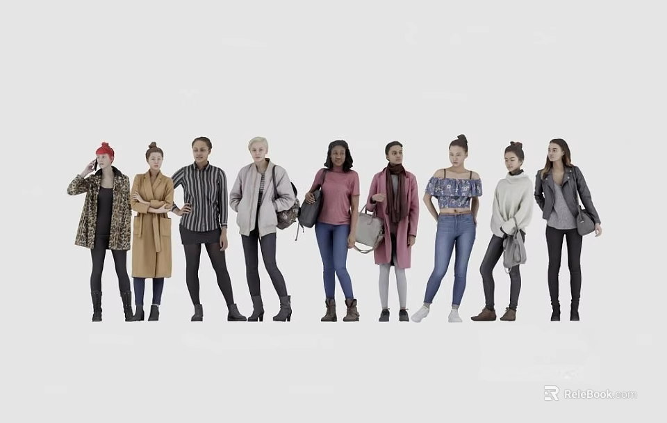 Group of Diverse People Wearing Stylish Casual Outfits Standing Together 3d model 